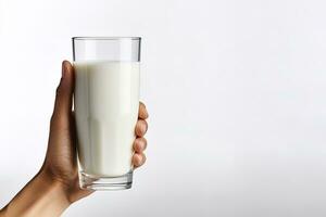 Hand halten ein Glas von frisch Milch isoliert auf grau Hintergrund mit Kopieren Raum. ai generiert foto