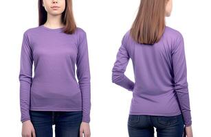Frau tragen ein lila T-Shirt mit lange Ärmel. Vorderseite und zurück Sicht. ai generiert foto