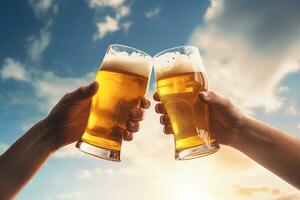 Hände Toasten mit Brille von Bier isoliert auf Himmel Hintergrund. ai generiert foto