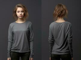 Frau tragen ein grau T-Shirt mit lange Ärmel. Vorderseite und zurück Sicht. ai generiert foto