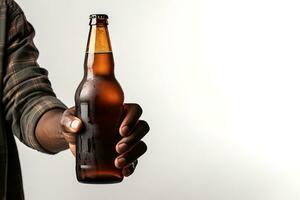 ein männlich Hand halten oben ein Flasche von Bier isoliert auf ein Weiß Hintergrund mit Kopieren Raum. ai generiert foto