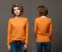 Frau tragen ein Orange T-Shirt mit lange Ärmel. Vorderseite und zurück Sicht. ai generiert foto