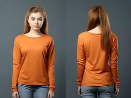 Frau tragen ein Orange T-Shirt mit lange Ärmel. Vorderseite und zurück Sicht. ai generiert foto