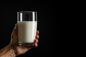 Hand halten ein Glas von frisch Milch isoliert auf schwarz Hintergrund mit Kopieren Raum. ai generiert foto