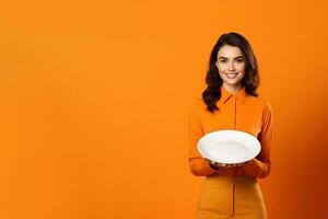 jung schön stilvoll Frau halten ein leeren Teller oder Gericht isoliert auf Orange Hintergrund mit Kopieren Raum. ai generiert foto
