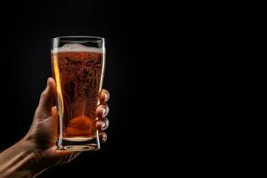 ein männlich Hand halten oben ein Glas von Bier isoliert auf ein schwarz Hintergrund mit Kopieren Raum. ai generiert foto
