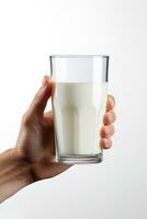 Hand halten ein Glas von frisch Milch isoliert auf grau Hintergrund. ai generiert foto