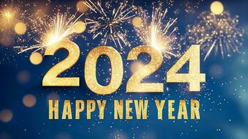 glücklich Neu Jahr 2024, Neu Jahre Vorabend Feuerwerk Wunderkerze Party Feier Urlaub Gruß Karte mit Gold Jahr, Feuerwerk und Bokeh Beleuchtung auf Blau Hintergrund. ai generativ foto