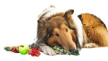 Porträt von ein Rau Collie Hund mit Spielzeug Zeichenfolge Ball auf Weiß Hintergrund foto