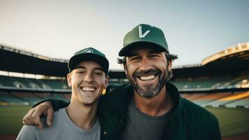 Mann und Sohn auf Baseball Spiel foto
