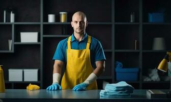 Arbeiten Büro Mitarbeiter mit ein Reinigung im Blau Uniformen. foto