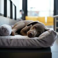 Hund schläft im ein grau Liege. foto