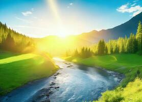 Fluss fließend durch schön Berge und Sonnenuntergang. ai generiert foto