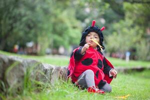 wenig Baby Mädchen tragen ein Marienkäfer Kostüm. Halloween Konzept. foto