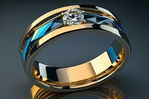 Hochzeit Ring mit Diamanten auf ein solide Farbe Hintergrund. Schmuck. ai generativ foto