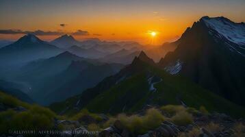 schön Sonnenuntergang im das Berge. Panorama von das Berge ai generativ foto