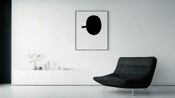 minimalistisch Leben Zimmer Innere mit Weiß Wände, Beton Boden, schwarz Sofa und runden Kaffee Tisch. 3d Rendern spotten oben ai generativ foto