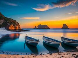 Angeln Boote auf das Strand beim Sonnenuntergang. bunt Sommer- Meereslandschaft. ai generativ foto