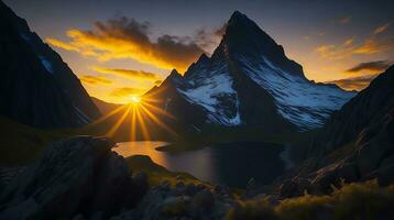 schön Sonnenuntergang im das Berge. Panorama von das Kaukasus Berge. ai generativ foto