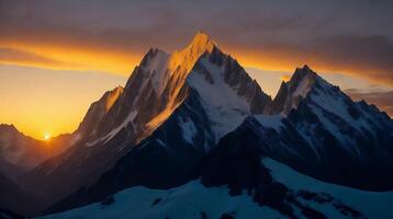 schön Sonnenuntergang im das Berge. Panorama von das Kaukasus Berge. ai generativ foto