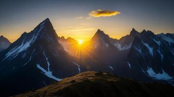 schön Sonnenuntergang im das Berge. Panorama von das Kaukasus Berge. ai generativ foto