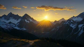 schön Sonnenuntergang im das Berge. Panorama von das Kaukasus Berge. ai generativ foto