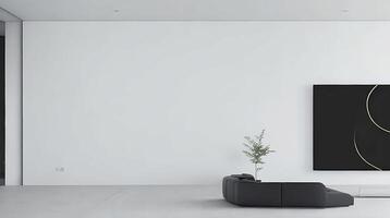 minimalistisch Leben Zimmer Innere mit Weiß Wände, Beton Boden, schwarz Sofa und runden Kaffee Tisch. 3d Rendern spotten oben ai generativ foto