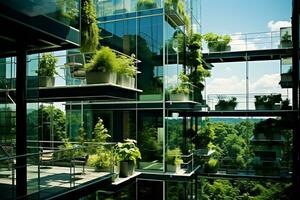 umweltfreundlich Gebäude im das modern Stadt. nachhaltig Glas Büro Gebäude mit Baum zum reduzieren Kohlenstoff Dioxid. Büro Gebäude mit Grün Umfeld. korporativ Gebäude reduzieren co2. generativ ai. foto