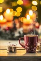 Weihnachten Kaffee und Advent Kranz auf Tabelle mit Boheh Beleuchtung im Hintergrund foto