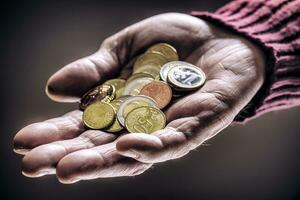 Rentner Mann halten im Hände Euro Münzen. Thema von niedrig Renten. foto