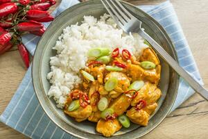 Hähnchen Curry Reis Chili und jung Zwiebel im Schüssel foto