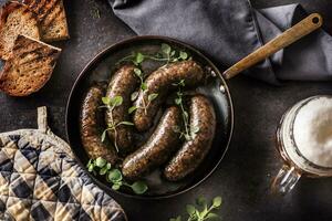 geröstet Würste im schwenken mit Brot Kräuter und Entwurf Bier. foto