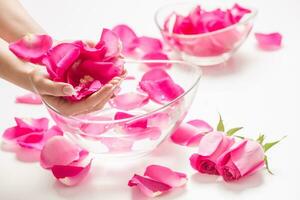 weiblich Hände und Schüssel von Spa Wasser mit Rosa Rosen und Blütenblätter foto