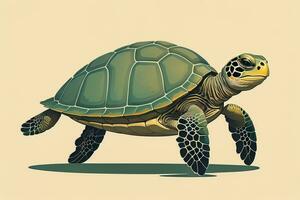 Illustration von ein Schildkröte auf ein Grün Hintergrund im Karikatur Stil. ai generativ foto