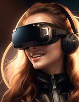 Frau haben Spaß im virtuell Wirklichkeit, vr Brille foto