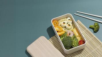 Draufsicht Zusammensetzung Essen japanische Bento Box foto