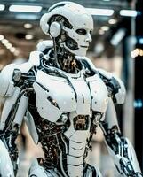 ai generiert Illustration von futuristisch ai Humanoid Roboter Cyborg mit futuristisch Hintergrund foto