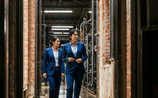 Foto von Arbeiten Unternehmer Frau beim Fabrik mit Maschine und Arbeiter, generativ ai