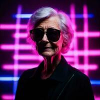 Foto von Mitte alt alt Frau mit mit gemischt Rosa und Blau Neon- Licht, generativ ai