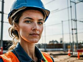 Foto von Frau wie ein Konstruktion Arbeiter mit Helm, generativ ai