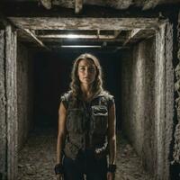 Überlebende Menschen beim Apokalypse Welt im unter Tage Keller Bunker , generativ ai foto