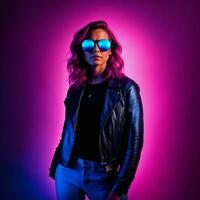 Foto von schön Frau mit mit gemischt Rosa und Blau Neon- Licht, generativ ai
