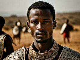 Foto von afrikanisch Mann Stammes- Krieger mit Rüstung, generativ ai