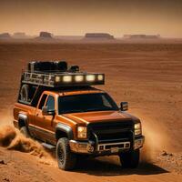 Foto von LKW im heiß Sand Wüste, generativ ai