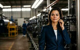 Foto von Arbeiten Unternehmer Frau beim Fabrik mit Maschine und Arbeiter, generativ ai