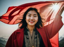 Foto von jung asiatisch Frau mit rot Flagge winken im das Wind, generativ ai