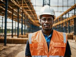 Foto von afrikanisch schwarz Mann wie ein Konstruktion Arbeiter mit Helm, generativ ai