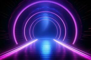 Neon- Licht abstrakt Hintergrund. Halbkreis Tunnel oder Gang violett Neon- glühend Beleuchtung. Laser- Linien und LED Technologie erstellen glühen im dunkel Zimmer. Cyber Verein Neon- Licht Bühne Zimmer. generativ ai. foto