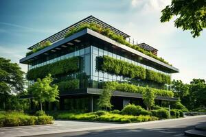 umweltfreundlich Gebäude im das modern Stadt. nachhaltig Glas Büro Gebäude mit Baum zum reduzieren Kohlenstoff Dioxid. Büro Gebäude mit Grün Umfeld. korporativ Gebäude reduzieren co2. generativ ai. foto