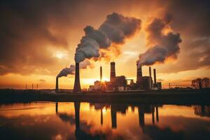 industriell Fabrik hoch Schornsteine freigegeben rauchig Emissionen von Rauch Rohre. co2 Gewächshaus Gas, sich verschlechtern Luft Qualität, Luft Verschmutzung, und Klima ändern. Kohlenstoff Dioxid Gas. generativ ai. foto